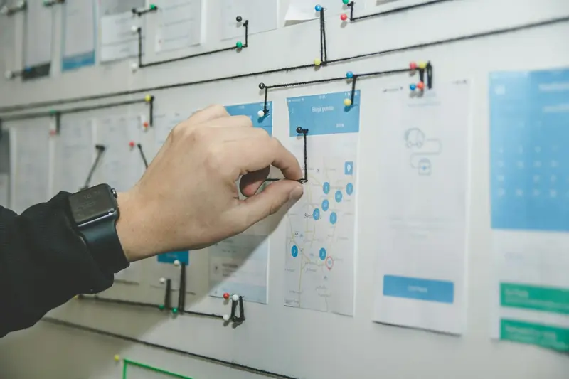 A process being mapped out on a wall with notes and connecting lines